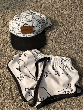 Cash & Co White Dinosaur Kids Cap and Swim Shorts Set
